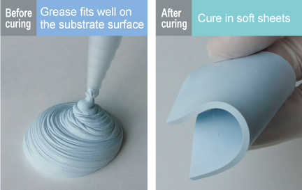 Before curing: Grease fits well on the substrate surface / After curing: Cure in soft sheets